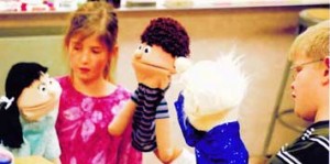 Adventure in Nicotine Land rehearsal Students rehearse the puppet show.